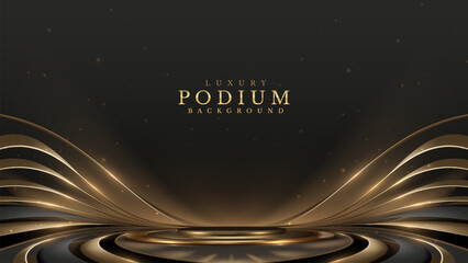 Elegant black and gold podium background with flowing lines and sparkling elements, perfect for luxury presentations and events. Vector Illustration.