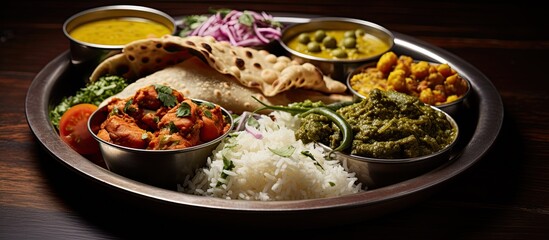 Traditional Indian mix food thali featuring a variety of vegetarian dishes on a plate with ample copy space image.