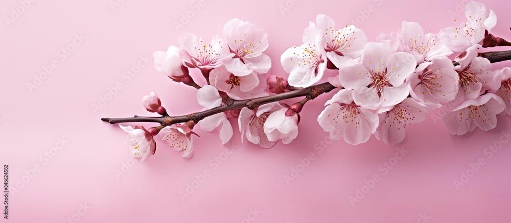 Fototapete Closeup view of a bouquet of almond blossoms on a pink background with space for text or image insertion. with copy space image. Place for adding text or design