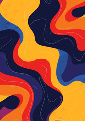 A vibrant abstract illustration featuring wavy, flowing shapes in bold colors of red, orange, yellow, and blue, creating a dynamic, energetic design