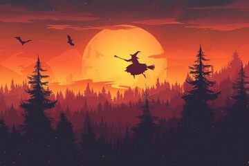 Fototapeta premium Witch flying over enchanting forest at sunset with bats mysterious halloween night scene during travel trip