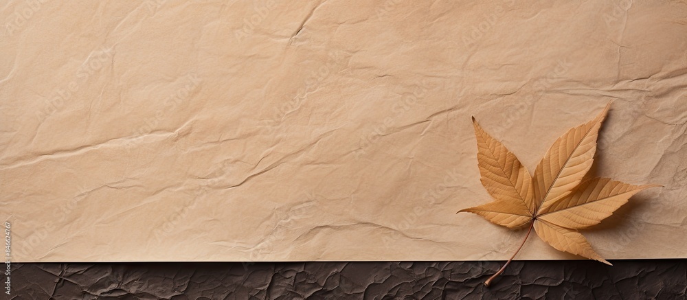 Poster Closeup image showcasing the intricate texture of handmade paper with a leaf on it, creating a serene and natural ambiance with copy space for customization.