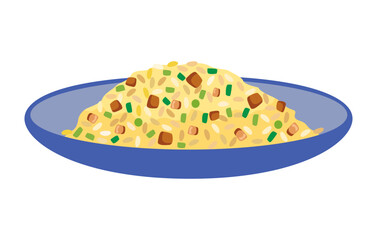 Fried rice dish tasty lunch menu in flat design on white background.