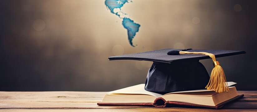 Celebrating graduation by signing a wooden board with a graduation cap on a book, representing global learning and alternative study options abroad, with copy space image available.