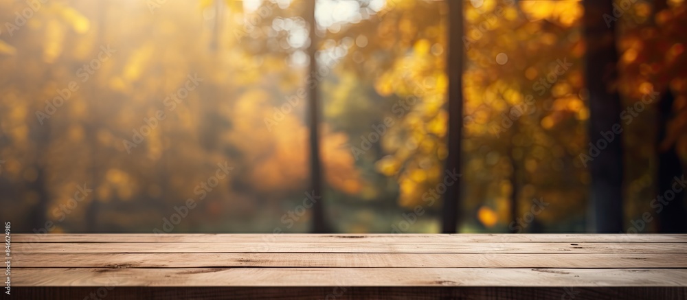Leinwandbilder autumn forest setting with a wooden table; ideal copy space image for product displays on a sunny fa