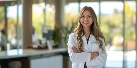 Smiling Female Doctor in White Coat with Arms Crossed in Bright Medical Office