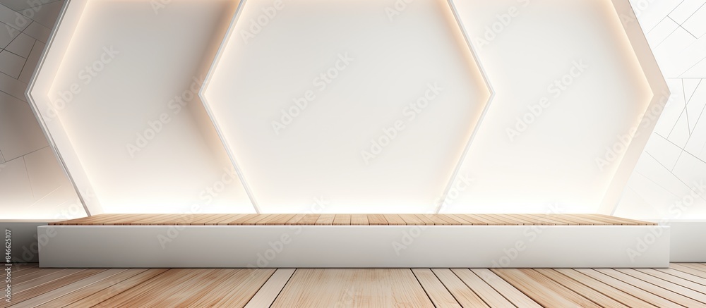 Poster Abstract futuristic stage with elegant geometric design, featuring simple lines and polygons as a background, including a white wood shelf for product display, with copy space image.