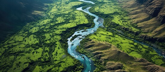 Obraz premium Scenic aerial shot of a verdant canyon with a meandering river, perfect for eco-friendly trips, Earth Day, and outdoor adventures, with copy space image.