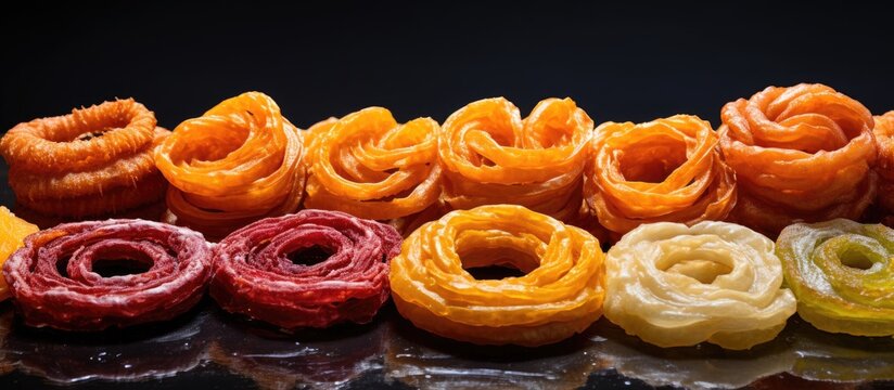 Varieties of traditional deep-fried sweets like Jalebi, Jilapi, zulbia, mushabak, or zalabia lined up for display in a copy space image.