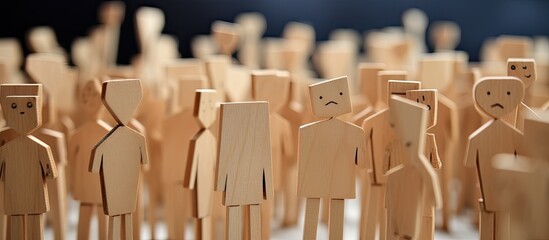 An angry crowd of wooden people figures with a protest sign in a copy space image during a protest, reflecting social unrest, disagreement, and civil disobedience.