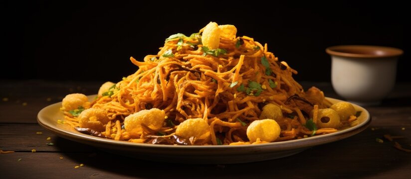 A favorite Indian snack, laung sev, features crispy chickpea flour noodles seasoned with turmeric and clove, typically deep-fried, showcasing a captivating copy space image.