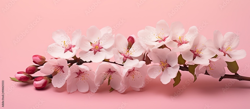 Poster Closeup view of a bouquet of almond blossoms on a pink background with space for text or image insertion. with copy space image. Place for adding text or design