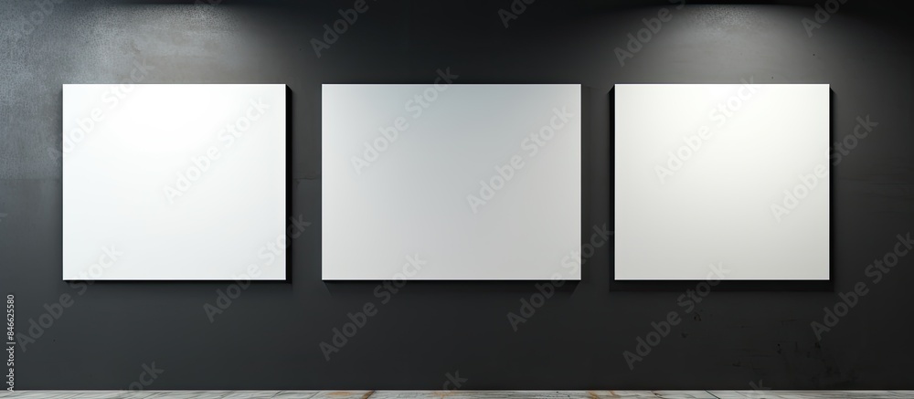 Poster white paper sheets displayed on a black wall providing a copy space image.