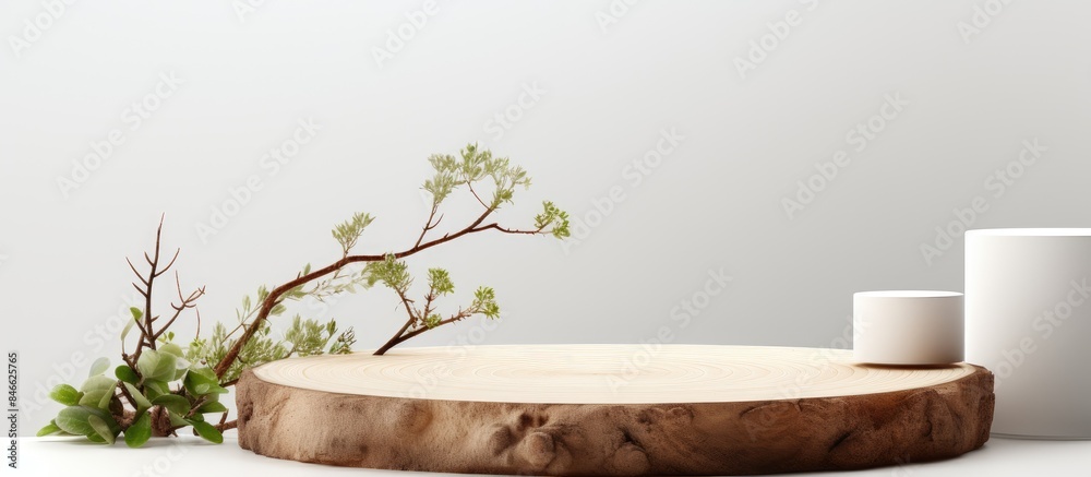 Poster Minimal modern product display on white background featuring a wood slice podium and spring branches, creating a scene for showcasing new products with copy space image.