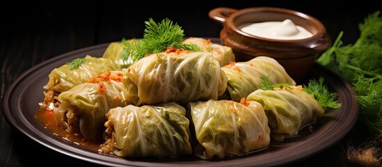 Cabbage rolls filled with meat, rice, and vegetables, known as sarma, golubtsy, or dolma, displayed on a dark rustic backdrop with copy space image.