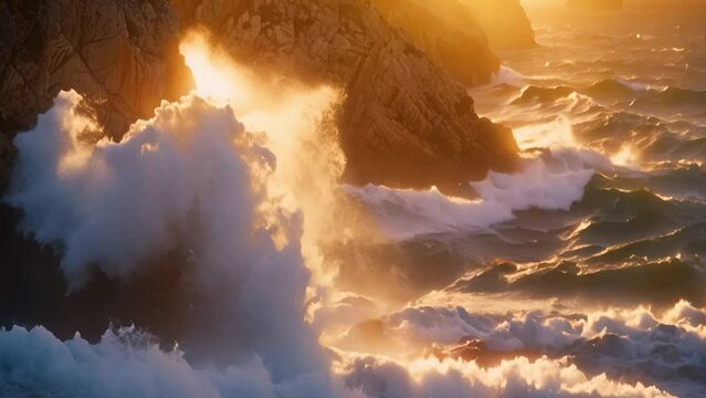 A dramatic ocean scene with sunlight piercing through rocky cliffs and turbulent waves