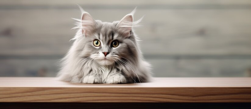 A cute long-haired gray kitten with big green eyes rests on a white table, grooming its whiskers. The adorable cat leaves room for a copy space image.