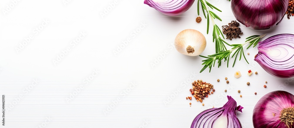 Poster Top view of red onion and spices against a white backdrop with copy space image.