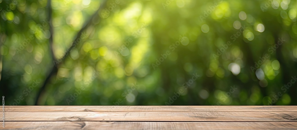 Poster wooden table set in outdoor garden with blurred green trees providing a natural backdrop, creating a