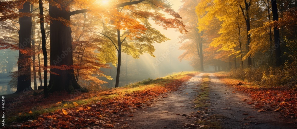 Poster a picturesque autumn forest scene with sunlight filtering through foggy trees, creating a stunning n