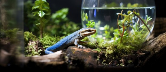 The skink lizard from the Scincidae family displays a blue tongue in a terrarium setting, making them popular pets with a distinct feature for a copy space image.