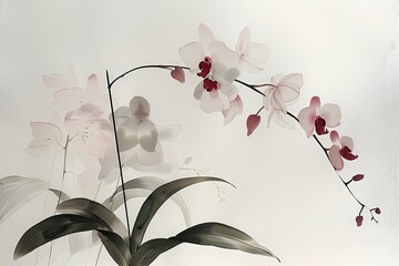 Vintage botanical watercolor painting drawing of a single white orchid flower branch on white color background, wallpaper, wall art