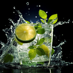 Mojito cocktail with lime, mint and ice on black background