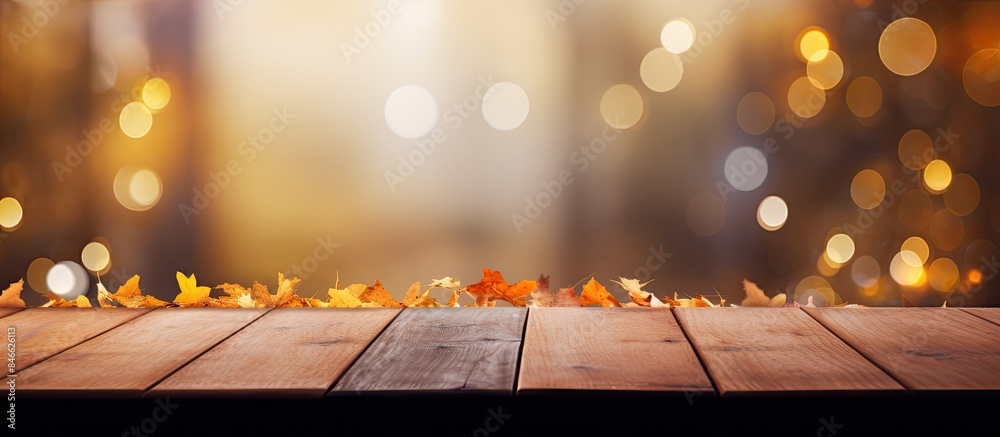 Poster autumn-themed wooden table with a blurred background featuring golden hues, bokeh lights, and colorf