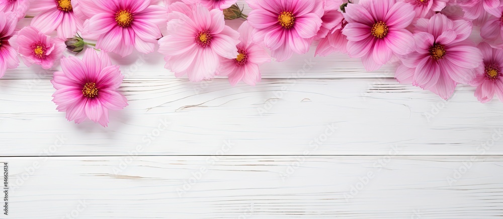 Poster Pink flowers on a white wooden background in a top view flat lay with copy space image.
