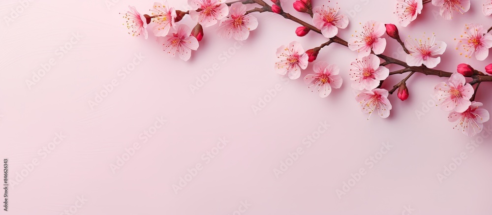 Poster pink plum blossom frame on pastel background signifies the happy women's day concept in a top view f