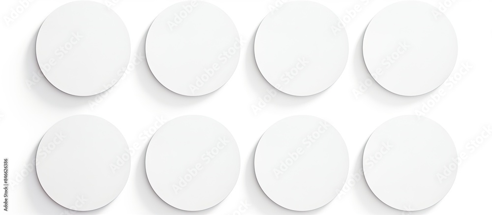 Poster Collection of round white sticker labels isolated on a white background with a clipping path for a copy space image.