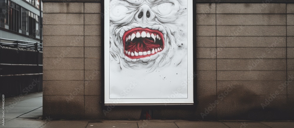 Poster mockup of a white wrinkled poster template on a textured wall with an empty street art sticker and s