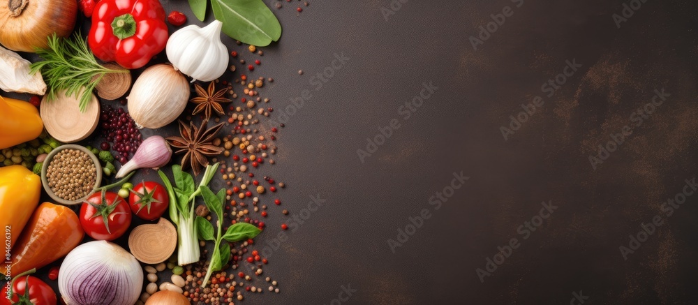 Aufkleber Top-down view of a cooking banner featuring a background of fresh vegetables and spices, offering ample copy space for text integration.