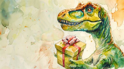 A dinosaur painted in watercolors holds a present