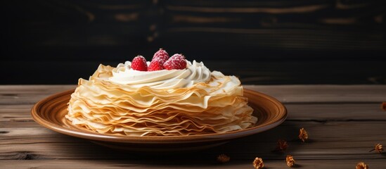 Fettuccine crepe dessert displayed on a wooden backdrop with empty space for copy in the image.