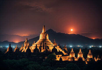 the moon rises over the temples of borobudur, central java, indonesia