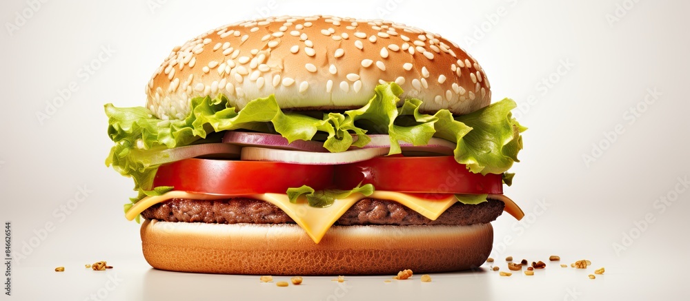 Aufkleber delicious hamburger on a white backdrop with copy space image.