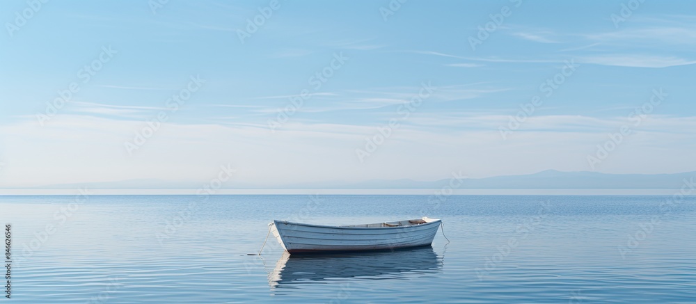 Poster a solitary boat adrift in the vast ocean expanse, with an abundance of empty space in the background