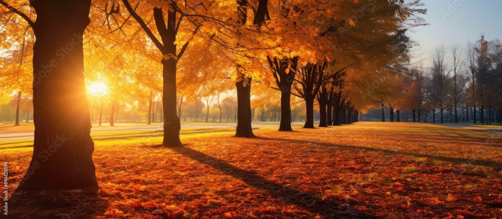 Poster Vivid autumn scenery with sunlight filtering through trees, creating a beautiful natural backdrop of colorful leaves falling in the park, perfect for a copy space image.