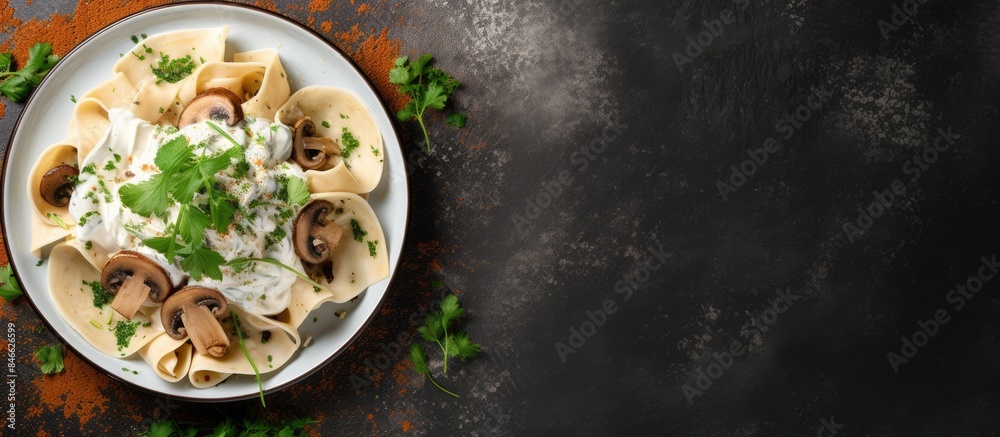Poster overhead shot of mushroom pappardelle with creamy sauce and parsley on a stone background with copy 
