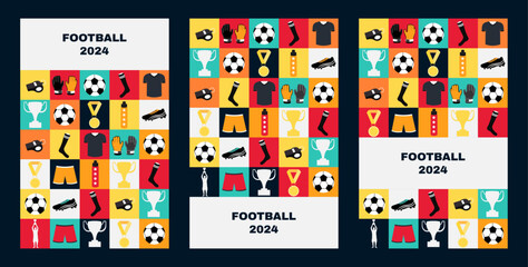 A set of poster and patterns in the trendy style dedicated to football. Soccer. Team. Match. Europe. European 2024. Cup. League. Flat style. Vector illustration. Trendy design. Collage and collection