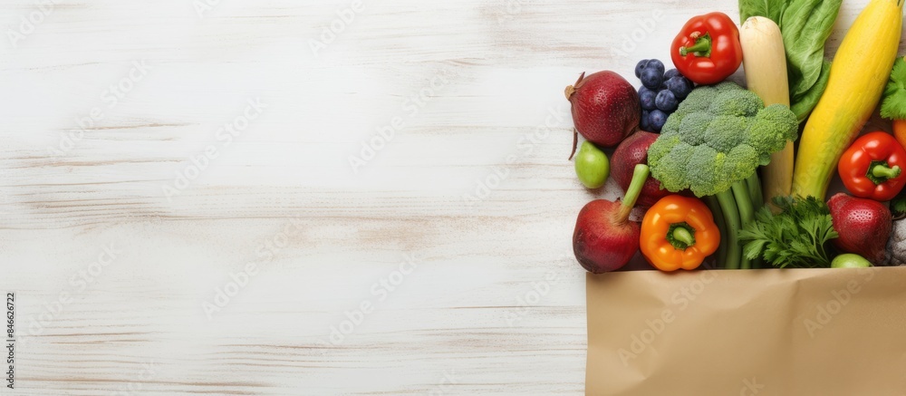 Poster Vegetables and fruits in a paper bag on a white wooden background with copy space image.