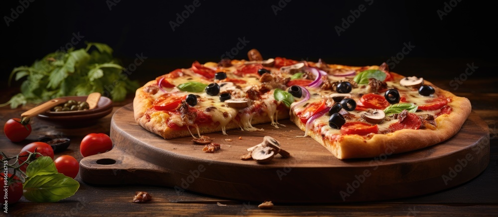 Poster delicious slice of hot pizza with a variety of toppings on a wooden board with a classic italian loo