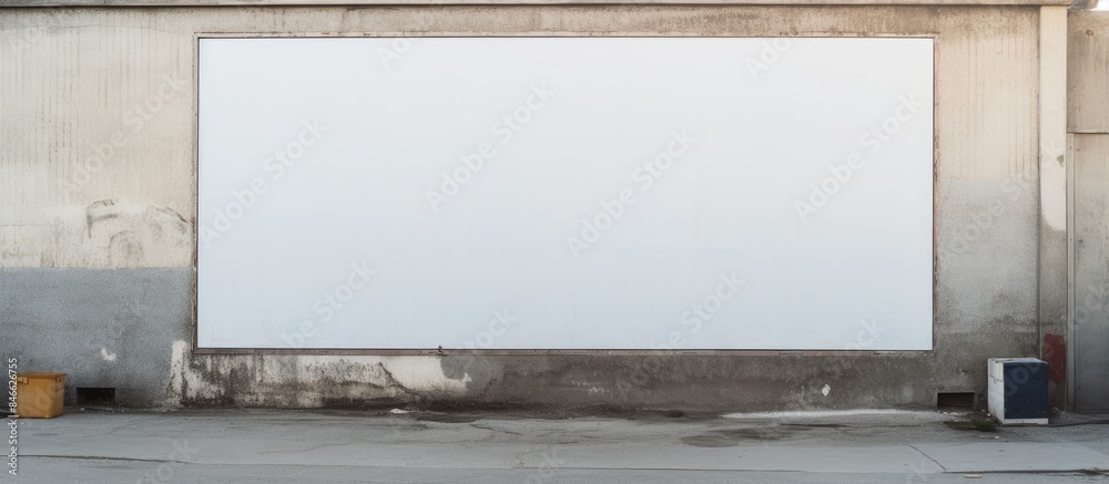Aufkleber an urban setting features a white paper billboard or poster in a frame against a wall with copy spac