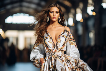Fototapeta premium AI generated portrait of beautiful fashion model on stage catwalk
