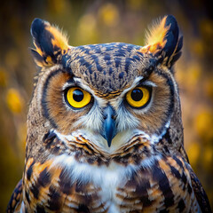 Obraz premium Close-Up of Owl’s Face with Piercing Yellow Eyes and Detailed Feathers - Symbol of Wisdom and Mystery, Perfect for Nature Photography and Birdwatching.