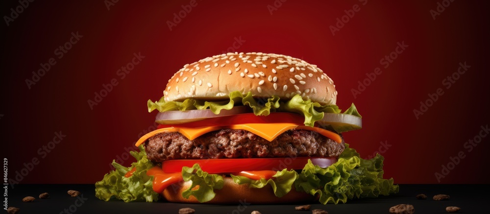 Aufkleber a towering hamburger set against a red backdrop with a copy space image.