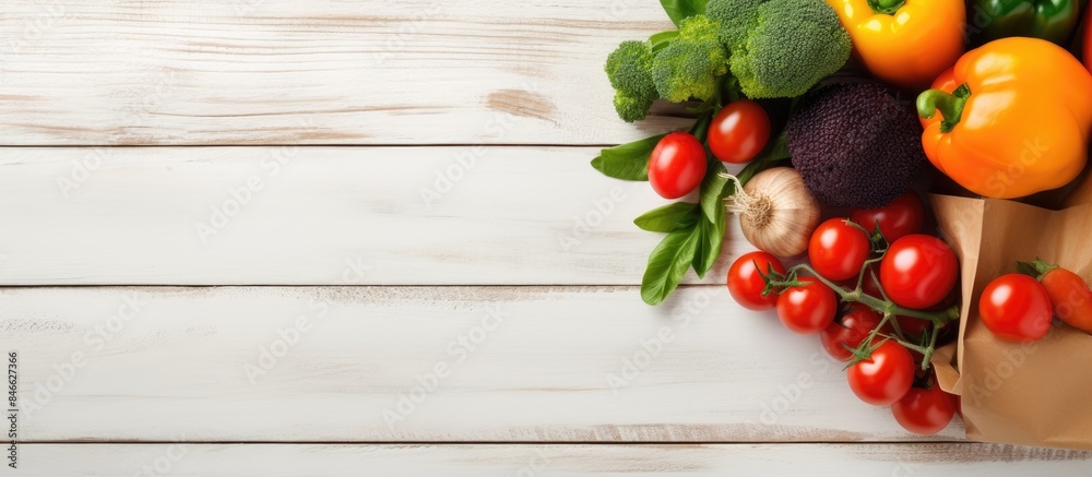 Poster Vegetables and fruits in a paper bag on a white wooden background with copy space image.
