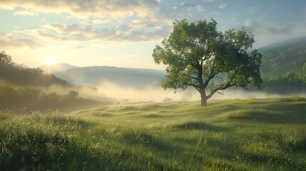 Obraz premium The image is a beautiful landscape of a green field with a large tree in the foreground.