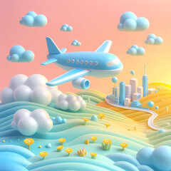 A pastel blue and white airplane flies through clouds in a 3D landscape with a distant city, yellow flowers, and grass in the foreground.